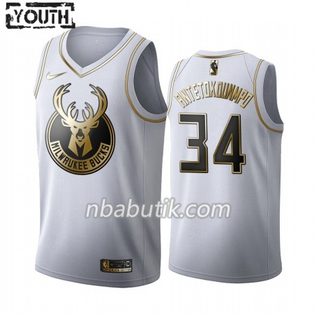 NBA Børn Trøje Milwaukee Bucks Giannis Antetokounmpo 34 Nike 2019-20 Hvid Golden Edition Swingman NBA Børn Trøje Milwaukee Bucks Giannis Antetokounmpo 34 Nike 2019-20 Hvid Golden Edition Swingman